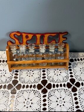 Source Unknown Wooden Spice Rack with Clear Glass Bottles - Brown and Clear